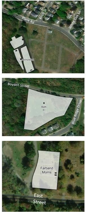 Aerial maps showing Melchizedek, Beth El, and Farband Morris cemetery locations
